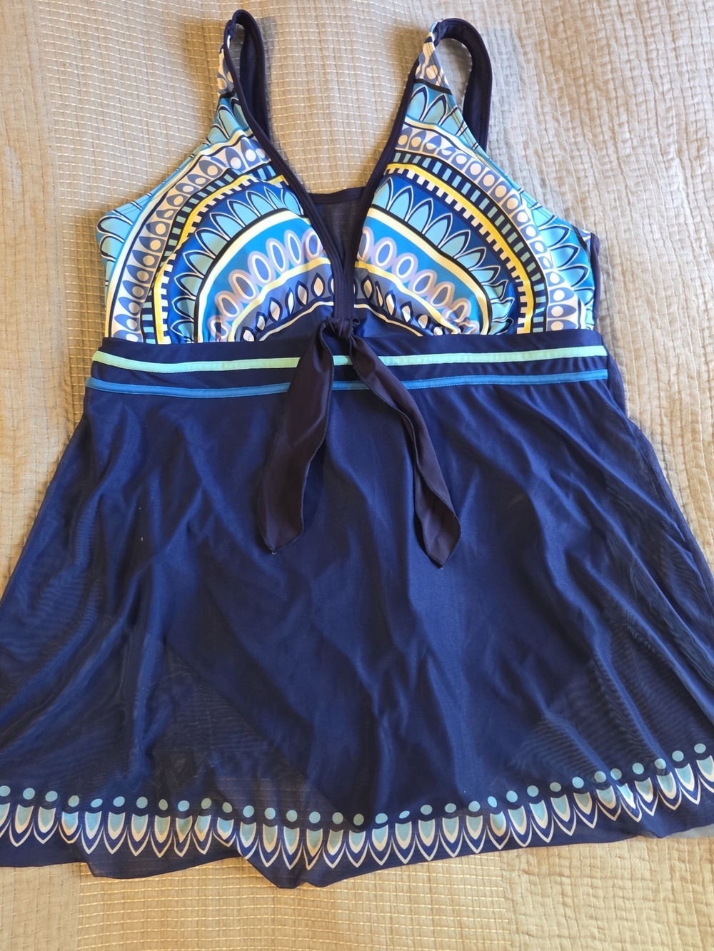 Navy Blue Swimdress with Aqua and White Pattern